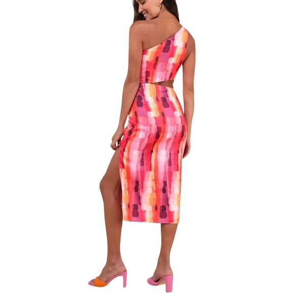 Lulus Luminous Vibes Hot Pink Abstract One-Shoulder Cutout Midi Dress XL NWT - Picture 2 of 13